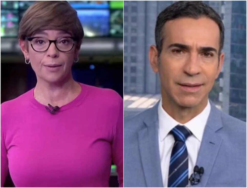 Renata Lo Petre corta César Tralli no JH e faz anúncio ao vivo na Globo (Foto: Reprodução)