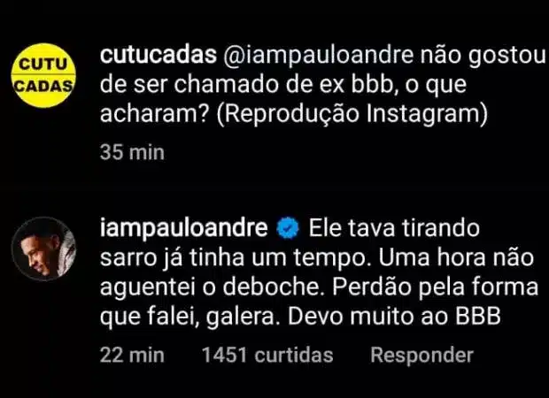 Paulo André surta e detona fã após ser chamado de ‘ex-BBB’ (Reprodução)