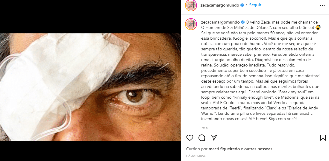 O famoso ex-apresentador da Globo, Zeca Camargo compartilha foto após cirurgia complicada (Foto: Reprodução)