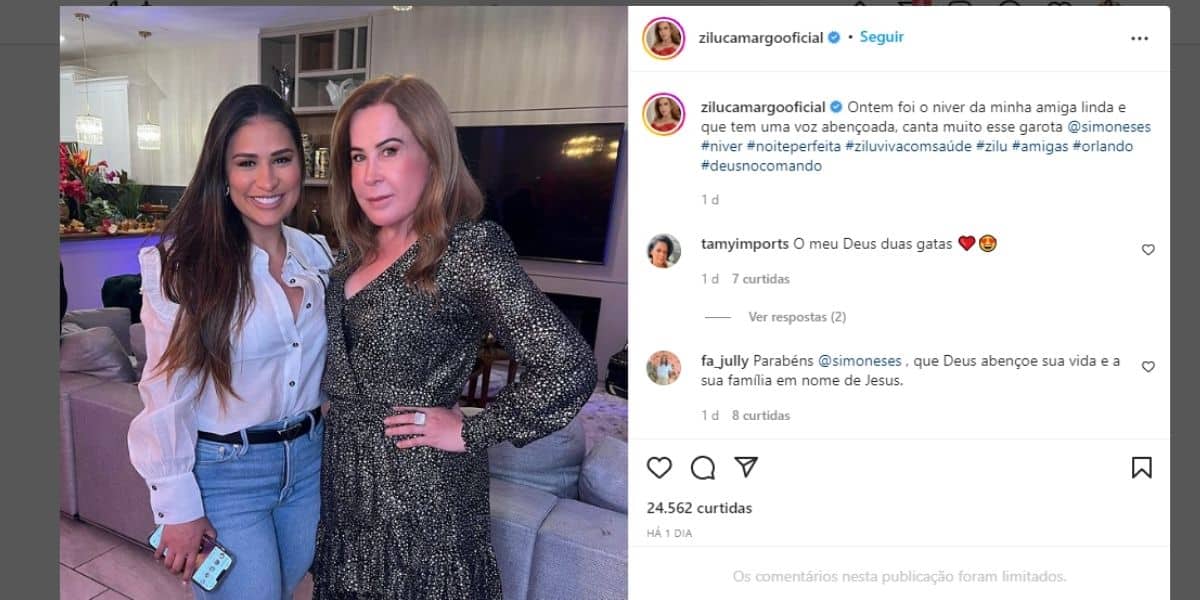 A famosa empresária e ex-mulher de Zezé, Zilu compartilhou uma foto ao lado de Simone (Foto: Reprodução)