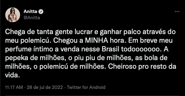 Polêmica, Anitta lança perfume íntimo para o ânus: "Cheiro de c* nunca mais" (Reprodução)