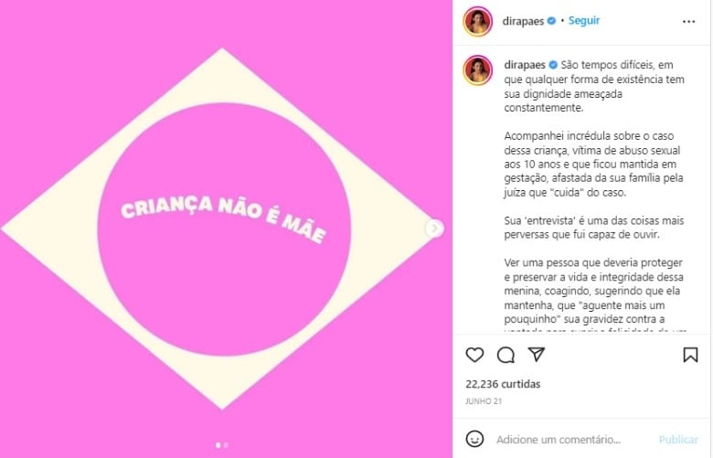 Post de Dira Paes sobre estupro e gravidez de menina de 11 anos (Foto: Reprodução/Instagram)