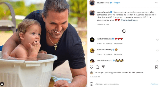 O famoso cantor sertanejo, Eduardo Costa causa ao publicar foto com filho de noiva (Foto: Reprodução)