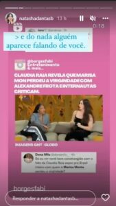 Claudia Raia acabou falando demais e foi repreendida na web. Natasha Dantas, esposa de Bonner também criticou a atitude da global (Foto: Reprodução / Instagram)