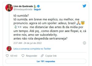 Linn da Quebrada em foto publicada no Instagram; ex-BBB22 se despediu do Brasil nas redes sociais (Foto: Reprodução / Twitter)