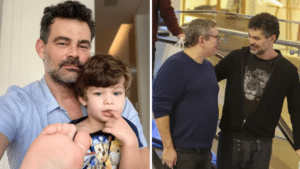 O famoso ator de Cara e Coragem da Globo, ao lado do filho, Pedro, e com seu marido, João Emanuel Carneiro (Foto: Reprodução/Internet)