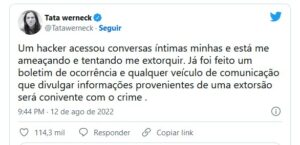  Vítima de hacker, Tatá Werneck dá novos detalhes de invasão: "São ameaças sérias" (Foto: Reprodução / Twitter)