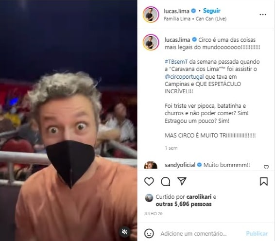 Lucas Lima, marido de Sandy, foi com a família ao circo (Foto: Reprodução/Instagram)