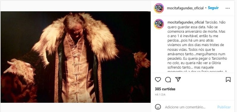 Mocita Fagundes presta homenagem a Tarcísio Meira (Foto: Reprodução/Instagram)