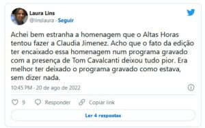 Telespectador não gostou da homenagem feita para Claudia Jimenez no programa de Serginho Groisman (Foto: Reprodução / Twitter)