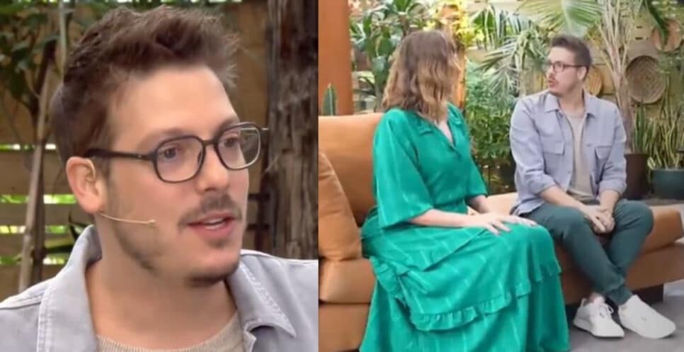 Maria Beltrão e Fabio Porchat no É de Casa; dupla conversou no sofá original de Jô Soares (Foto: Reprodução / Globo)