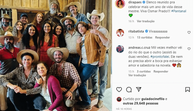 A famosa atriz da Globo fez questão de reunir todo o elenco da trama das nove para homenagear colega de Pantanal (Foto: Reprodução)