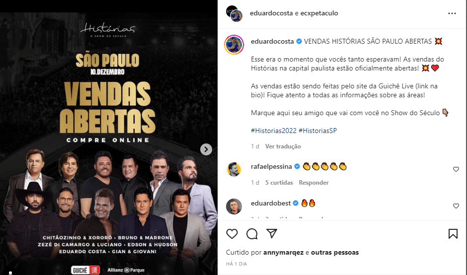 O famoso cantor sertanejo anunciou as vendas dos ingressos nas redes sociais (Foto: Reprodução)