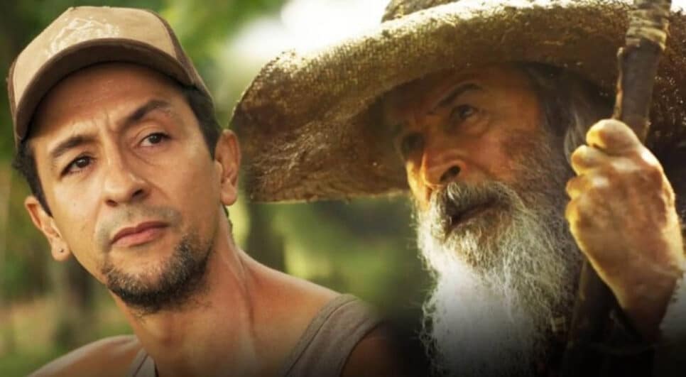 Zé Lucas será a primeira vítima de um plano macabro de Tenório em Pantanal e será salvo pelo Velho do Rio (Osmar Prado) (Foto: Reprodução / Globo)