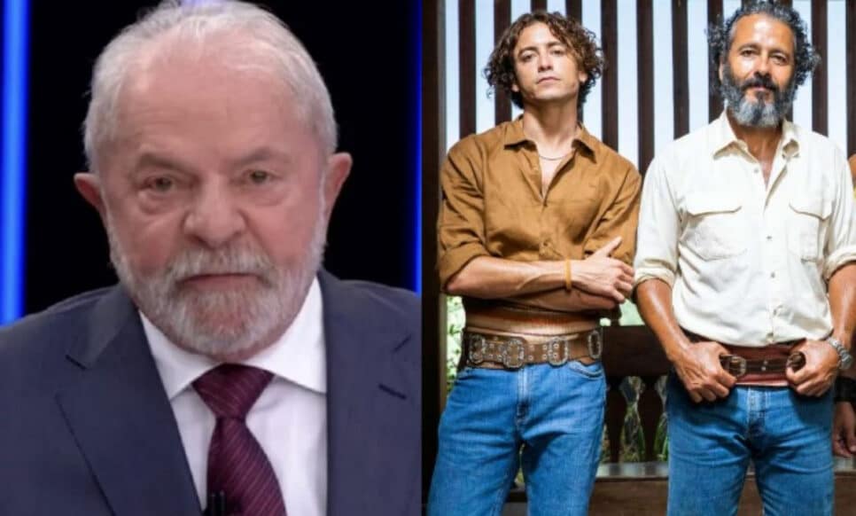 Lula em sabatina ao Jornal Nacional e José Leôncio (Marcos Palmeira) em cena de Pantanal (Foto: Reprodução / Globo)