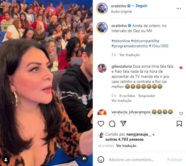 O famoso apresentador do SBT, Ratinho compartilhou um vídeo mostrando o decote de Sonia Lima (Foto: Reprodução)