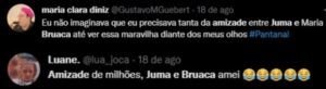  Juma (Alanis Guillen) e Maria Bruaca (Isabel Teixeira) ficaram próximas em Pantanal e o público aprovou a aliança das personagens (Foto: Reprodução / Twitter)