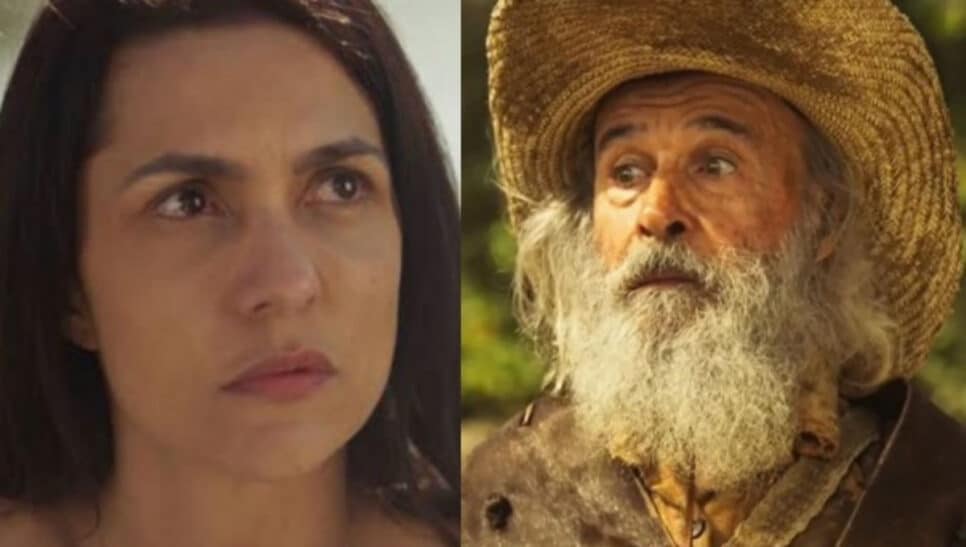 Pantanal - Zefa (Paula Barbosa) questiona porque Velho do Rio (Osmar Prado) não aparece para Zé Leôncio (Marcos Palmeira) e o ser sobrenatural responde (Foto: Reprodução / Globo)