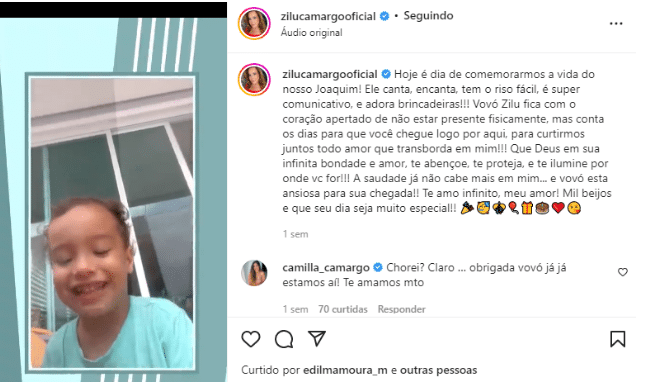 A famosa ex-mulher de Zezé Di Camargo, Zilu fez declaração de amor para o seu neto, Joaquim (Foto: Reprodução)