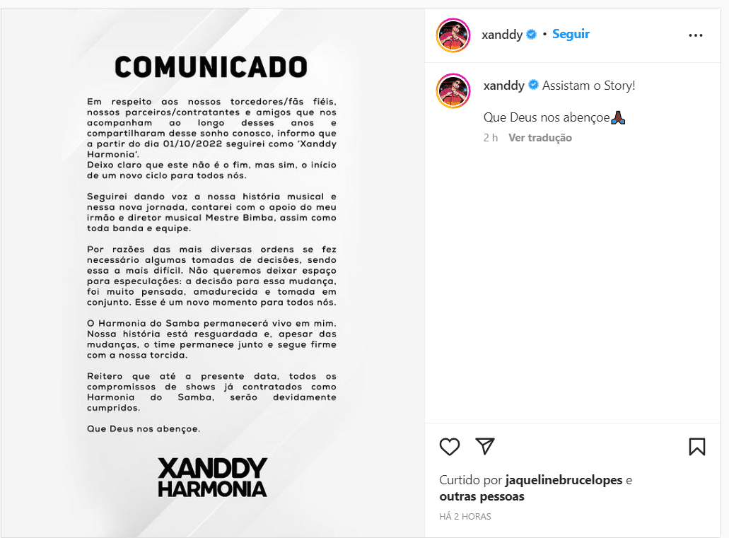 Nota que Xandy postou em seu Instagram