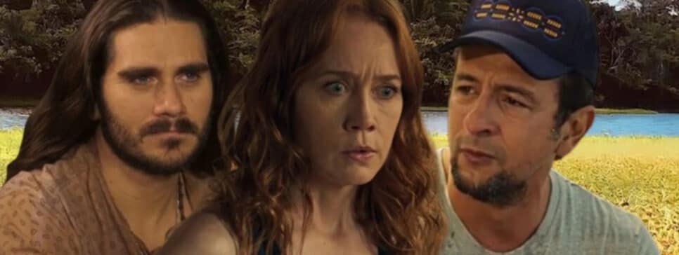 Trindade (Gabriel Sater) fará aparição sobrenatural no parto de Irma (Camila Morgado) na novela Pantanal (Foto: Reprodução / Globo / Montagem HoraDoBenefício)