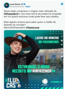 A Fazenda 14: Lucas escolhe três peões para o ‘Rancho do Fazendeiro' (Foto: Reprodução / Twitter)