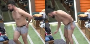 Antes de ser eliminado, Bruno Tálamo se descuidou e volume na cueca em a Fazenda 14 deixou o público pasmo (Foto: Reprodução / PlayPlus)