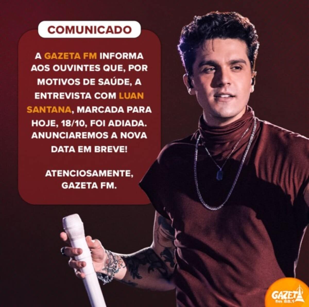 Comunicado sobre estado de saúde de Luan Santana 