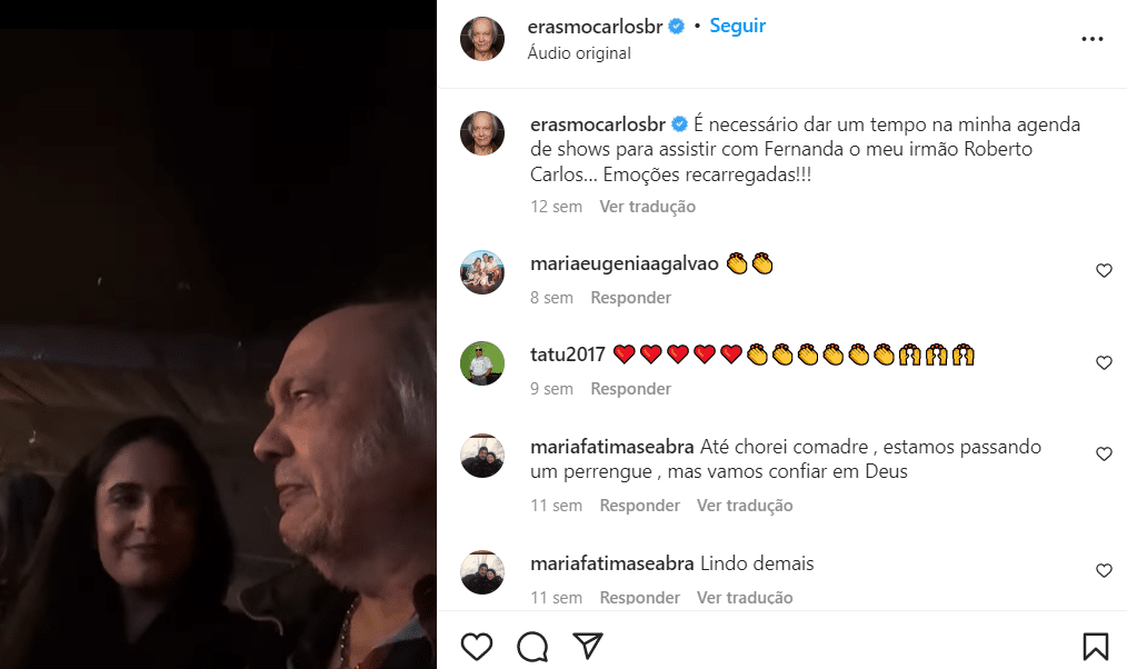 Erasmo Carlos compartilha vídeo emocionante, aonde ele surge emocionado vendo o show do seu velho amigo Roberto Carlos (Foto Reprodução/Instagram)