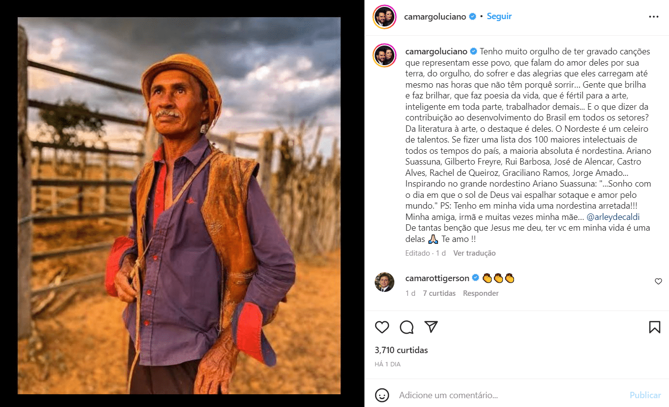 Luciano Camargo homenageia ator de novela "Mar do Sertão" em suas redes sociais (Foto Reprodução/Instagram)