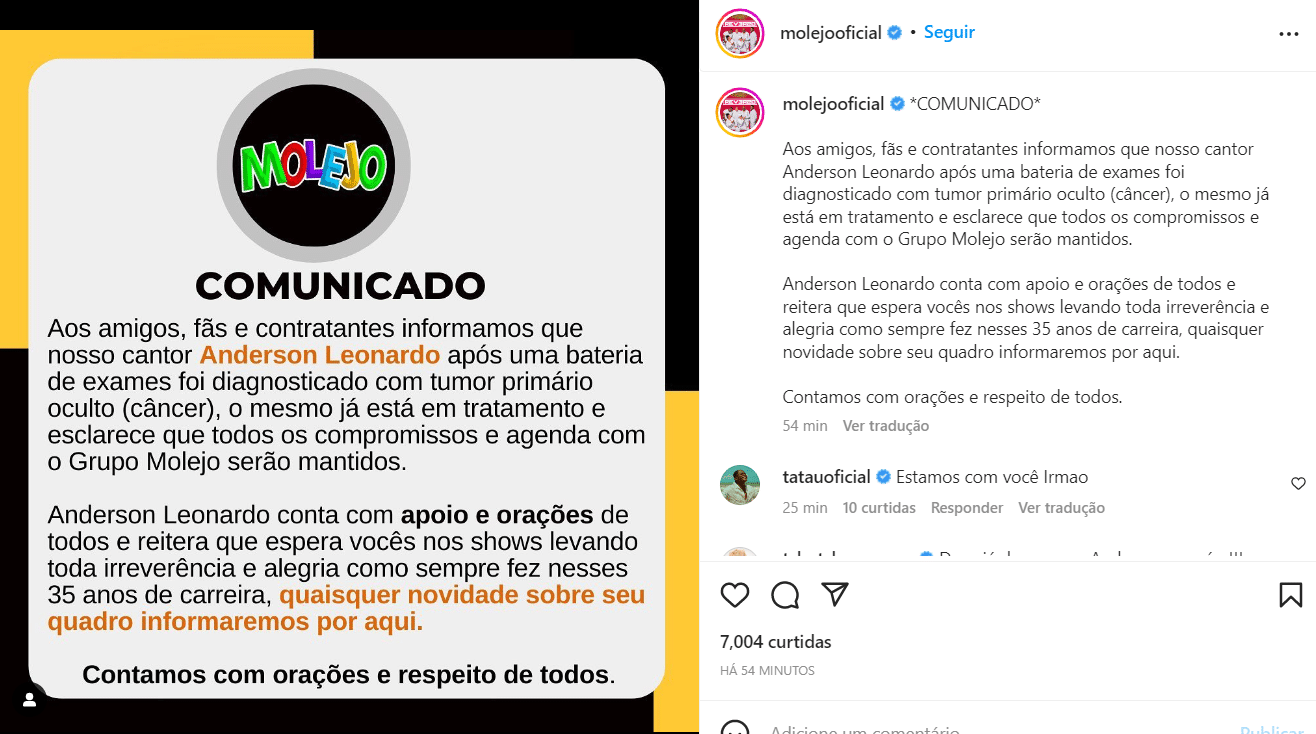 Comunicado Oficial do Molejo é compartilhada nas redes sociais (Foto Reprodução/Instagram)