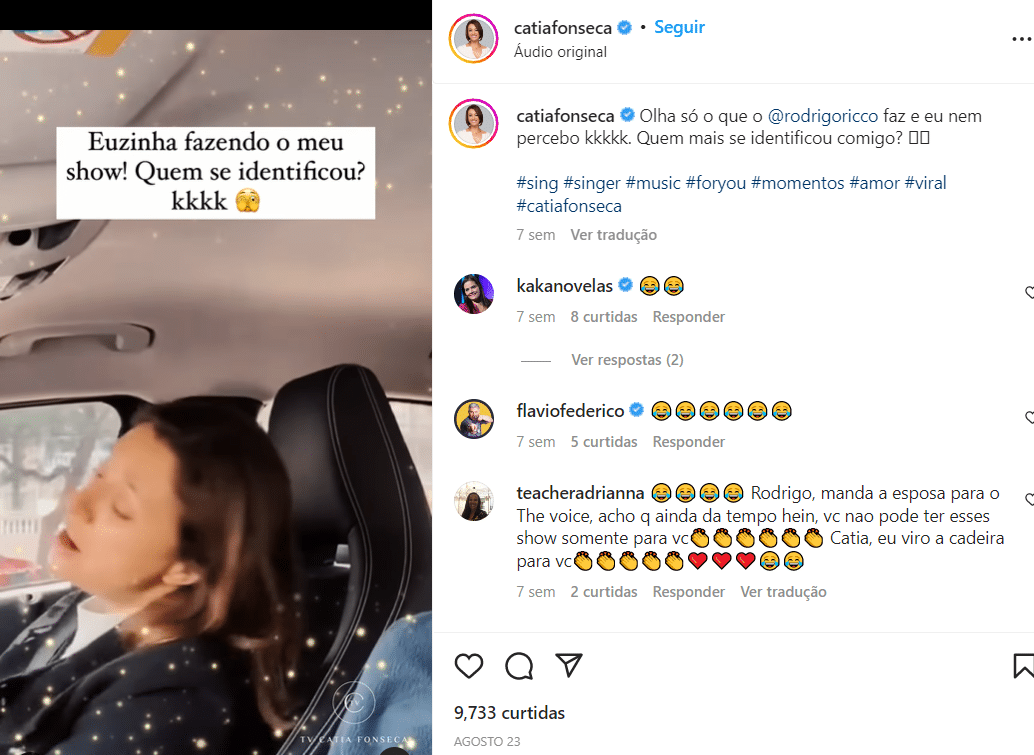 momento em que Catia Fonseca é pega cantando, o marido dela foi quem registrou o momento e postou nas redes (Foto Reprodução/Instagram)