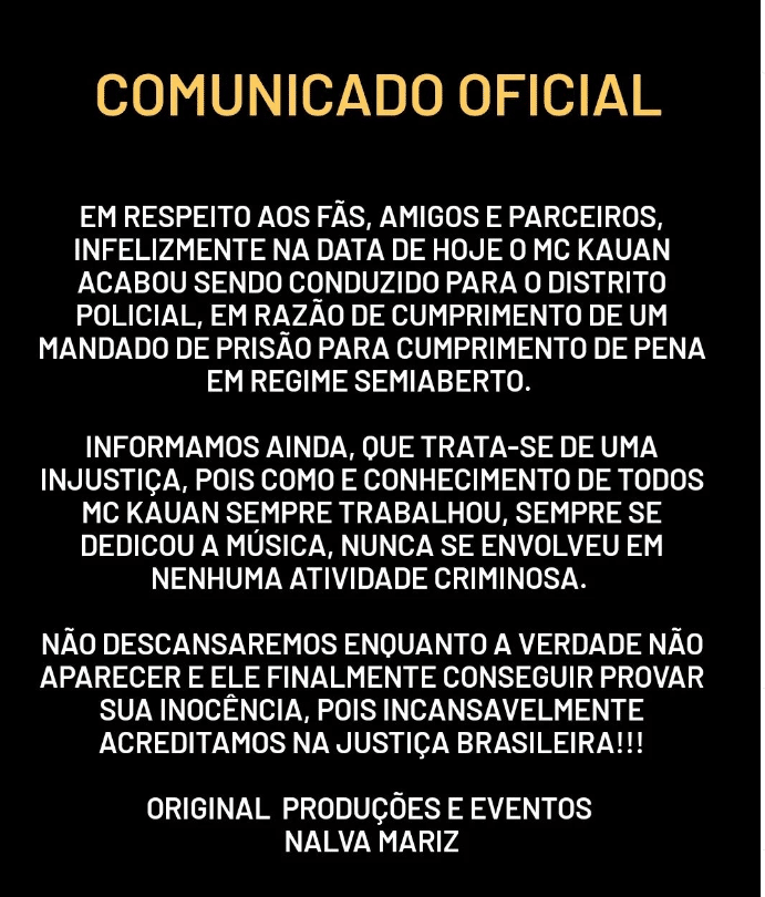 Nota publicada pela assessoria do cantor em suas redes sociais (Foto Reprodução/Instagram) 