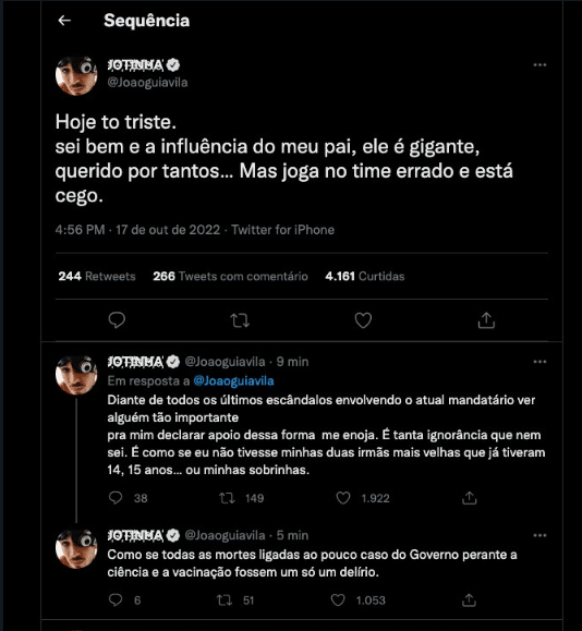 João Guilherme se manifestou no Twitter após Leonardo apoiar Jair Bolsonaro (Foto Reprodução/Twitter)