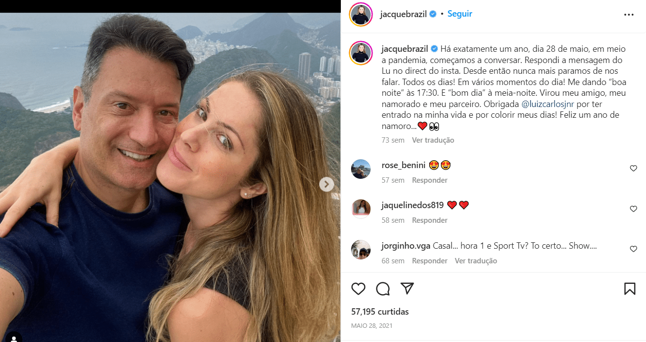 No primeiro aniversário de namoro, em 2021, Jacqueline Brazil se declarou publicamente nas redes sociais (Foto Reprodução/Instagram)