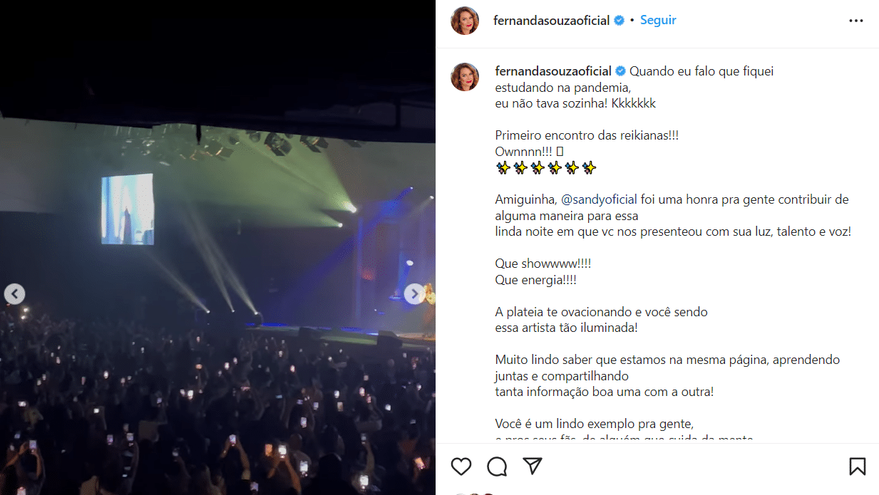 Vídeo compartilhado por Fernanda Souza do show da Sandy em suas redes sociais (Foto Reprodução)