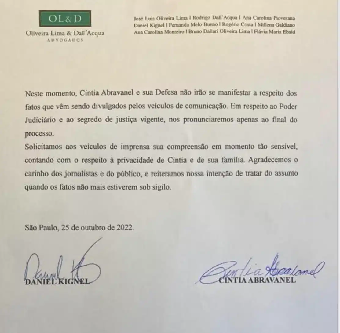 Nota dada pelo advogado da família a respeito do caso de Cíntia (Foto Reprodução/Internet)