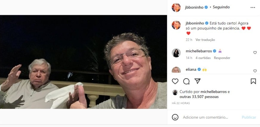 Boninho tranquiliza os fãs e seguidores sobre o estado de saúde de Boni, seu pai (Foto: Reprodução/Instagram)