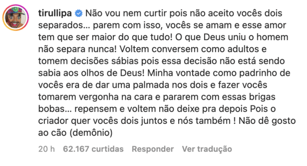 Tirulipa comenta na publicação de Carlinhos Maia revoltado com a separação (Imagem Reprodução Internet)