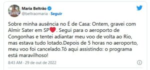 Maria Beltrão justificou ausência do Maria Beltrão (Foto: Reprodução / Twitter)