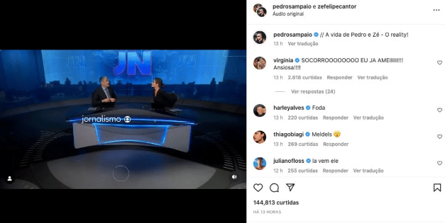 O filho de Leonardo mostrou o encerramento do Jornal Nacional com William Bonner e Renata Vasconcellos (Foto: Reprodução)