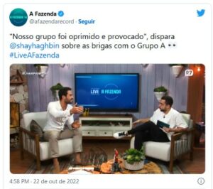 A Fazenda 14 - Expulso, Shayan culpa Record TV e cobra atitude por caos no reality em entrevista com Lucas Selfie (Foto: Reprodução / Twitter)