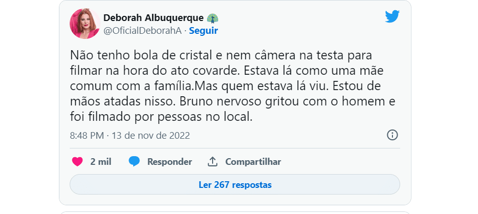 Publicação de Deborah Albuquerque rebatendo as críticas sobre a denuncia (Foto Reprodução/Twitter)