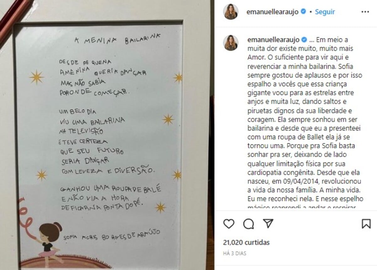 Postagem de Emanuelle Araújo no Instagram