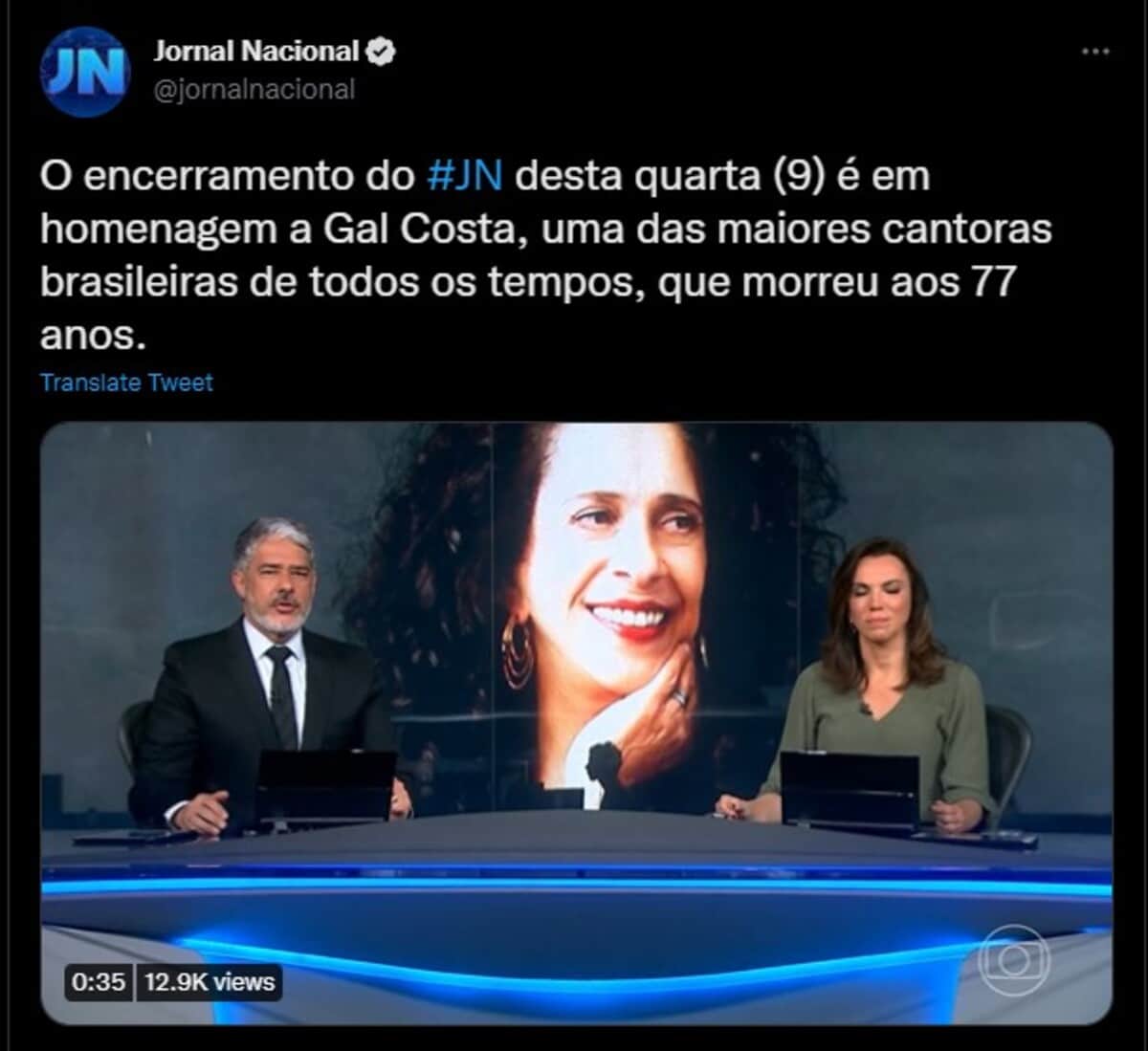 Postagem do Jornal Nacional para Gal Costa