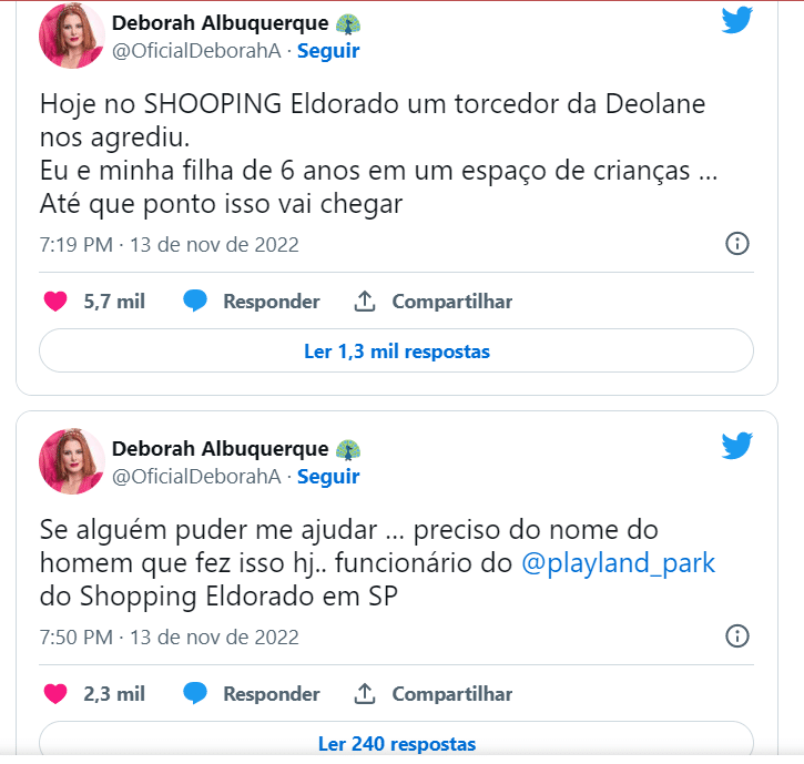 Postagem de Deborah Albuquerque a respeito da agressão que ela alega ter sofrido no "Shopping Eldorado" (Foto Reprodução/Twitter)