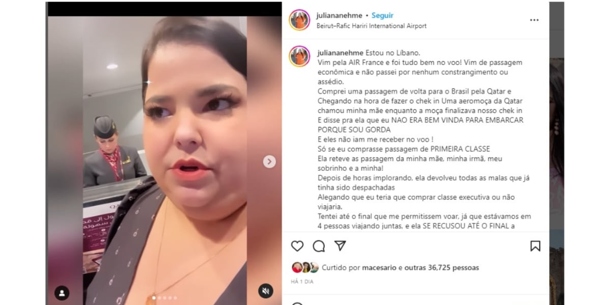 Influenciadora Juliana Nehme foi impedida de embarcar em avião por gordofobia (Imagem Reprodução Instagram)