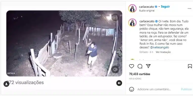 Postagem de Carla Cecato pelo Instagram confrontando a fala de Ivete Sangalo durante festival (Foto Reprodução/Internet)