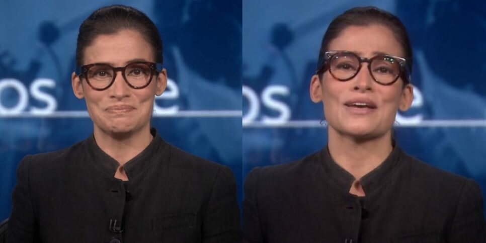 Renata Vasconcellos chora ao vivo no Jornal Nacional (Foto: Reprodução/Montagem)