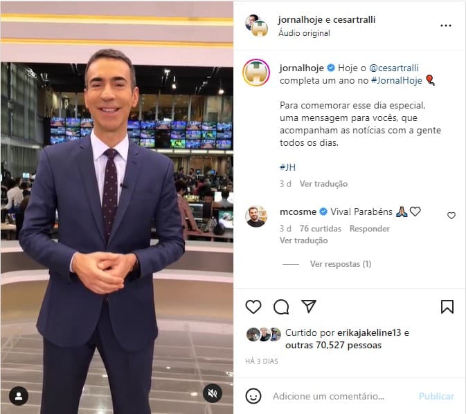 O famoso âncora do Jornal Hoje recebeu homenagem nas redes sociais do jornal da Globo (Foto: Reprodução)